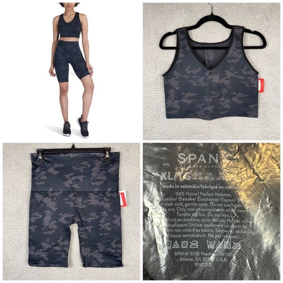 SPANX Women's Crop Top and Biker Short Set Black Camo XL Lamn Active Seamless - Picture 1 of 8